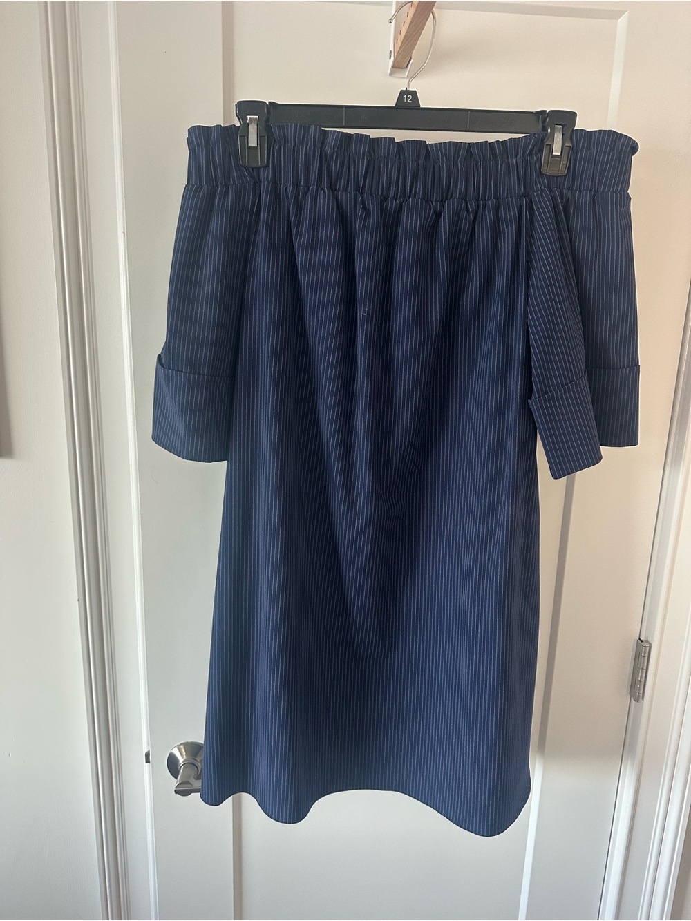 RACHEL Rachel Roy Navy Off-Shoulder Pinstripe Dress